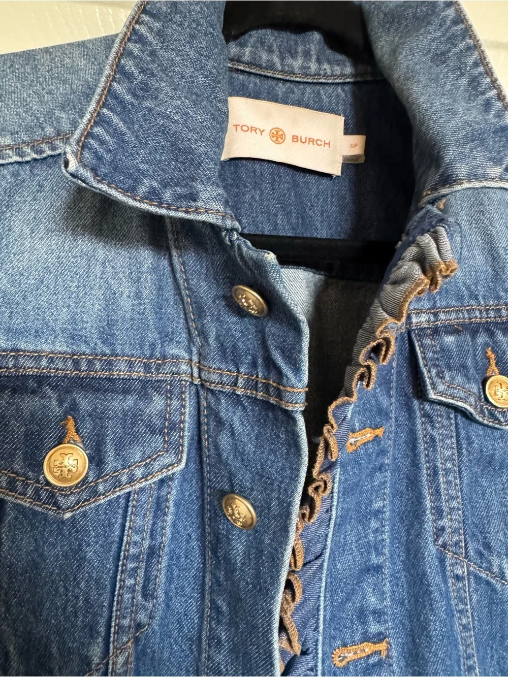 Tory Burch Medium Blue Denim Jacket with Gold Buttons